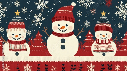 Illustration of a cute Christmas knitting pattern with snowmen, trees, and stars, perfect for a festive holiday sweater.