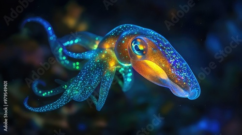 A bioluminescent squid glowing in the dark depths of the ocean. photo