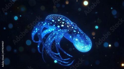 A bioluminescent squid glowing in the dark depths of the ocean. photo