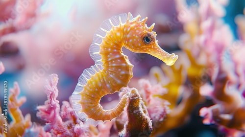 A bright and cheerful seahorse clinging to a piece of coral, its delicate features and unique shape clearly visible.