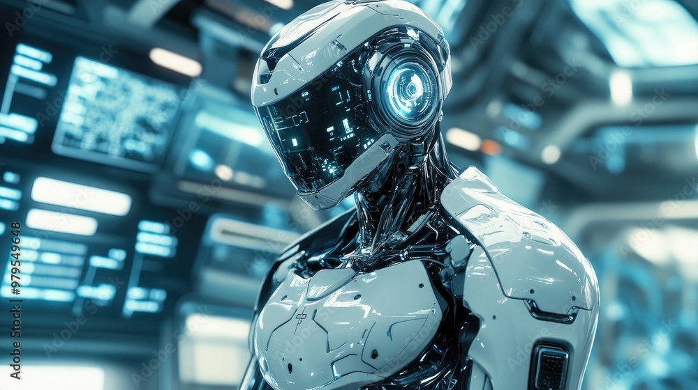 Illustration of a futuristic robot with sleek design, advanced technology, and precision, operating in a high-tech environment. Illustration of a futuristic robot with sleek design, advanced technology, and precision, operating in a high-tech environment.