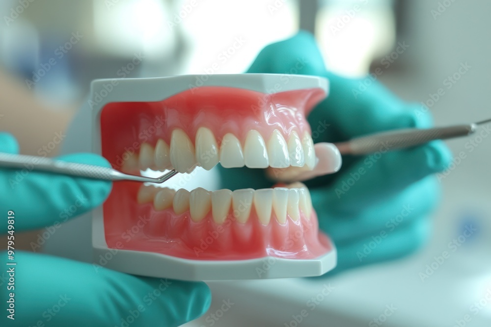 Dental model with hands holding dental instruments Dental model with hands holding dental instruments
