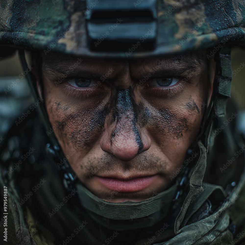 Close-up of a soldier's face with camouflage paint