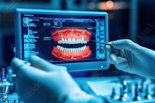 Viewing dental X-rays on a computer screen in clinic photo