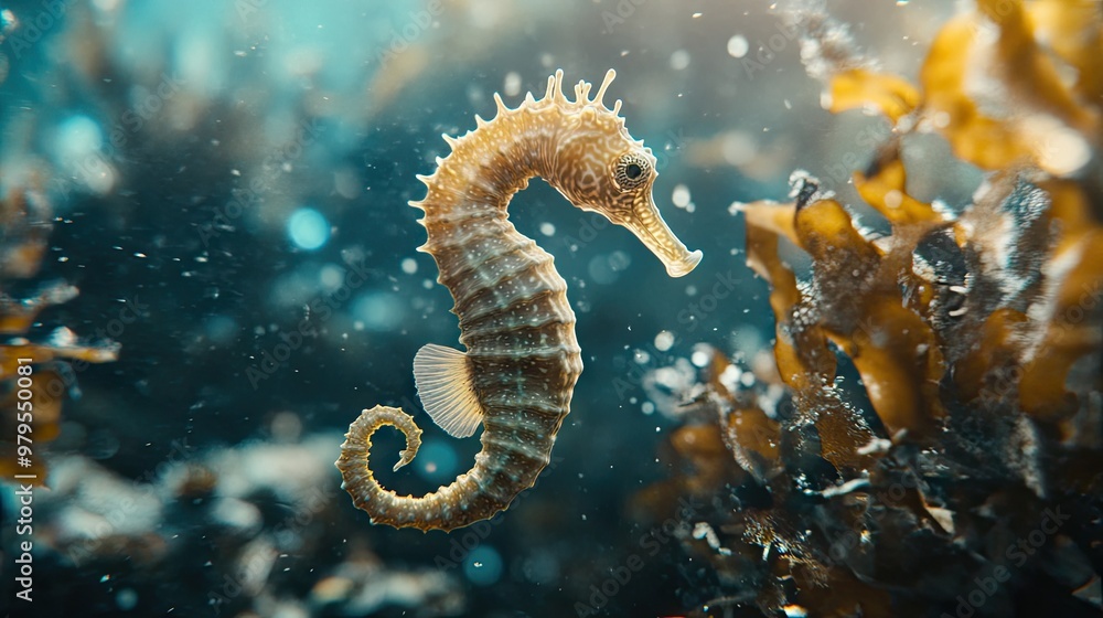 A close-up of a seahorse clinging to a piece of seaweed in the shallow waters of a reef. A close-up of a seahorse clinging to a piece of seaweed in the shallow waters of a reef.