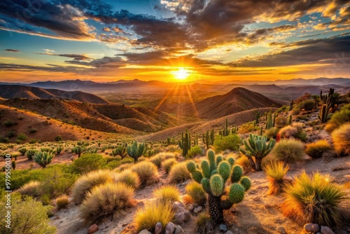 A serene sunset casts a warm orange glow over a vast, open range of rolling hills and cacti-studded desert landscape in the American West. photo