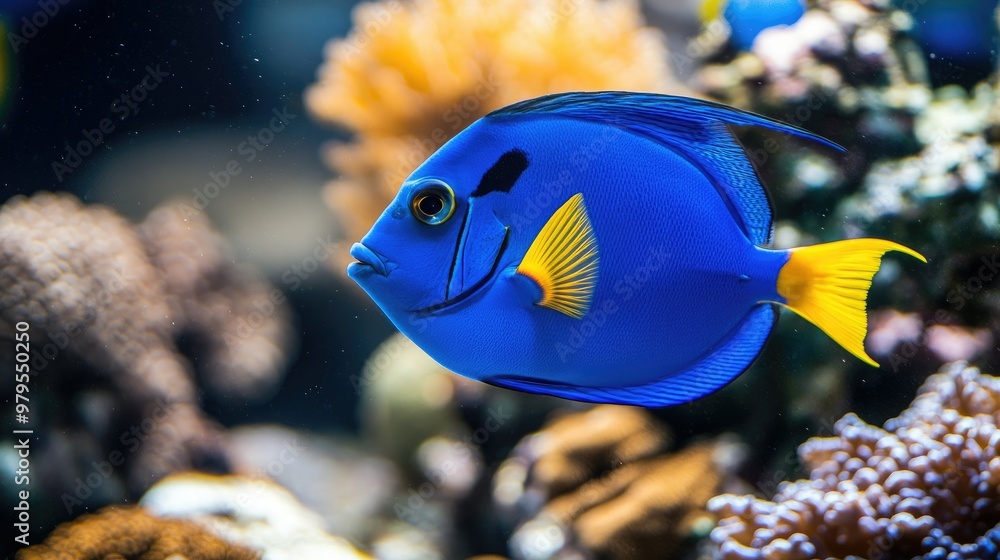 Naklejka premium A close-up of a vibrant blue tang fish among coral reefs, its bright colors and striking patterns adding to the underwater allure.