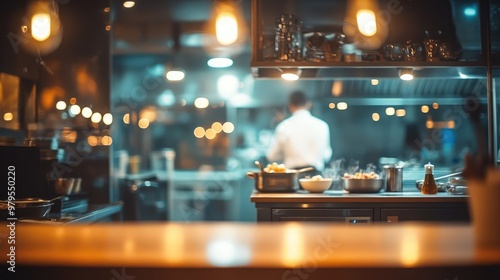 Blurred Restaurant Kitchen Background Featuring Chefs and Cooking Dishes on a Wooden Counter