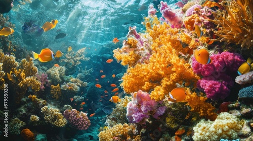 A close-up of a vibrant, multi-colored coral garden teeming with small fish and marine life, showcasing the beauty of underwater ecosystems.