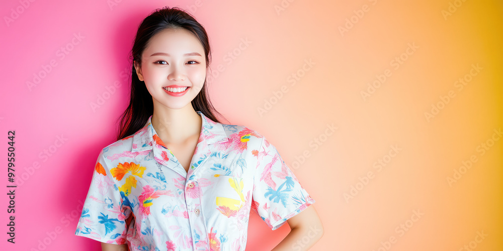 Young pretty Asian woman wearing cute pajama smiling on color background with copy space, banner template Young pretty Asian woman wearing cute pajama smiling on color background with copy space, banner template