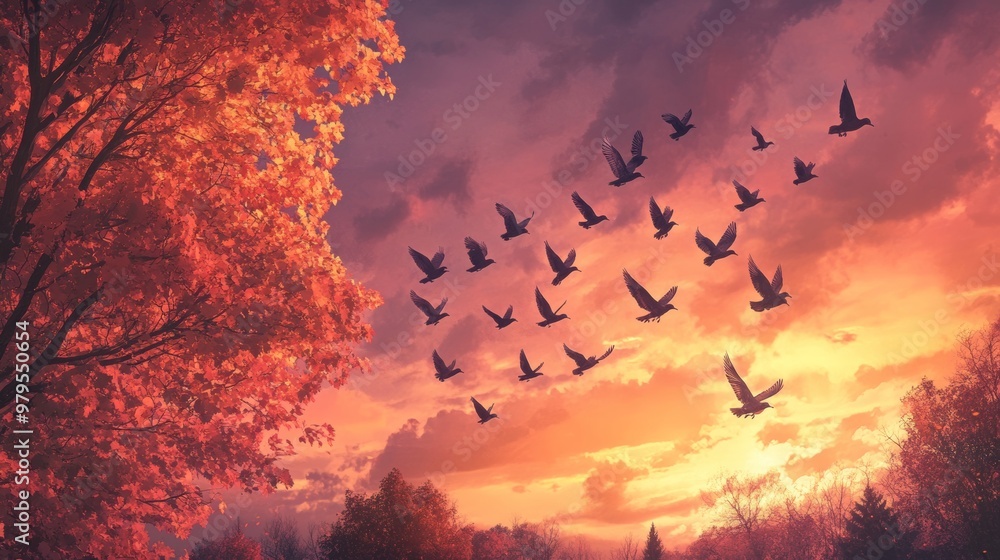 Squirrels collecting nuts or a flock of birds migrating, flying across a sunset sky, signaling the change of seasons. Squirrels collecting nuts or a flock of birds migrating, flying across a sunset sky, signaling the change of seasons.