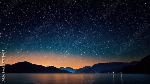 Night sky is reflecting on the calm waters of a lake surrounded by mountains at sunset