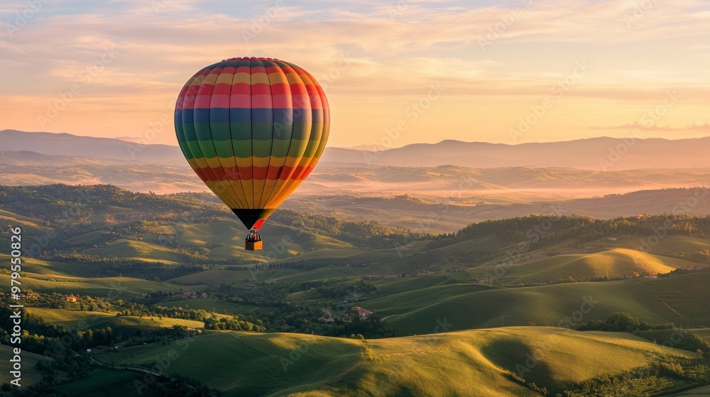 Fototapeta premium Vibrant Hot Air Balloon Over Serene Hills at Sunrise, a picturesque scene showcasing a kaleidoscope of colors against a tranquil landscape illuminated by the dawn sky