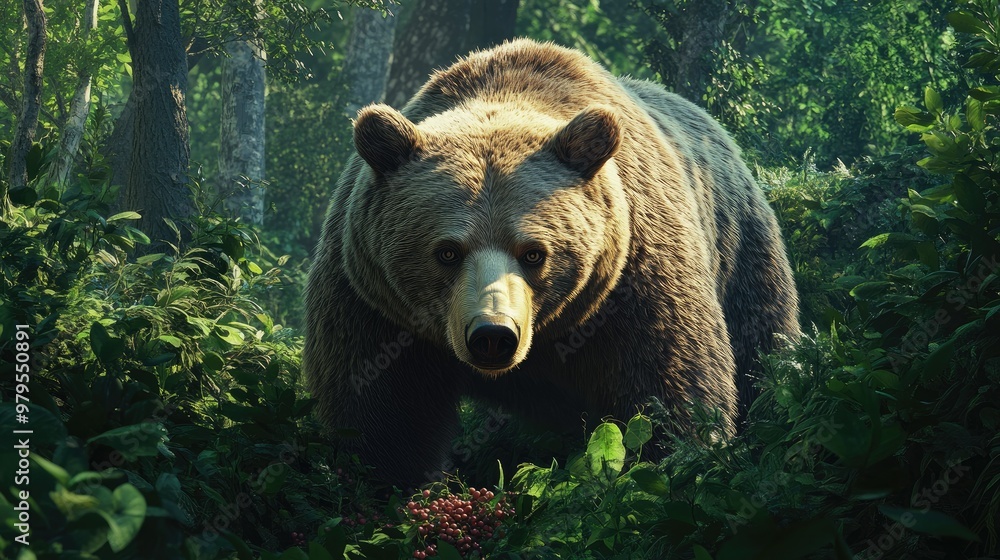 A curious brown bear foraging for food in a lush forest, its powerful build and focused gaze evident as it searches for berries. A curious brown bear foraging for food in a lush forest, its powerful build and focused gaze evident as it searches for berries.