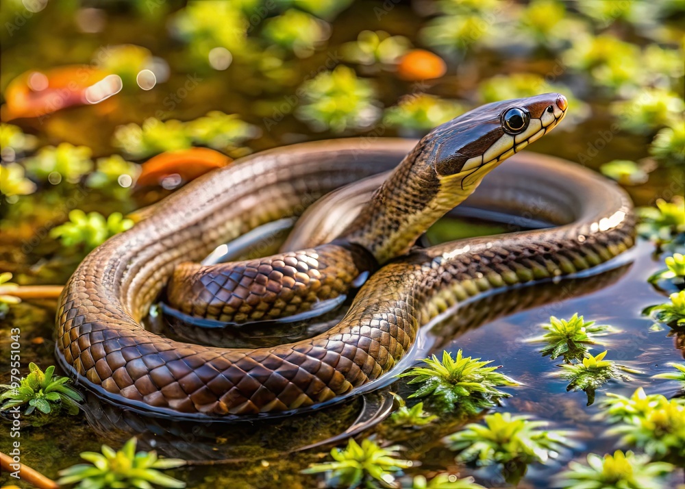 Fototapeta premium A slender, brown western mud snake slithers through murky wetland waters, its distinctive patterning blending seamlessly into the surrounding aquatic vegetation and muddy substrate.