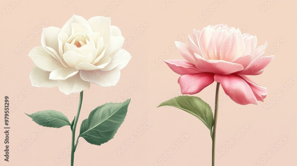 Obraz premium Illustration of two different flower styles, both unique in beauty and elegance, presented with soft natural lighting.
