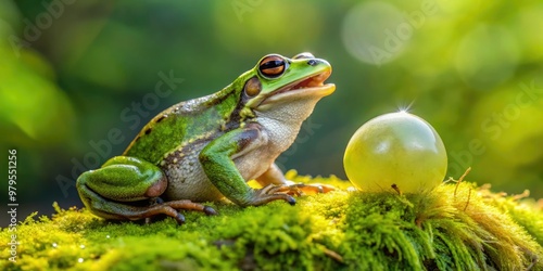 A small green western chorus frog perches on a moss-covered rock, its throat inflated as it lets out a loud, melodic mating call in a serene wetland habitat. photo