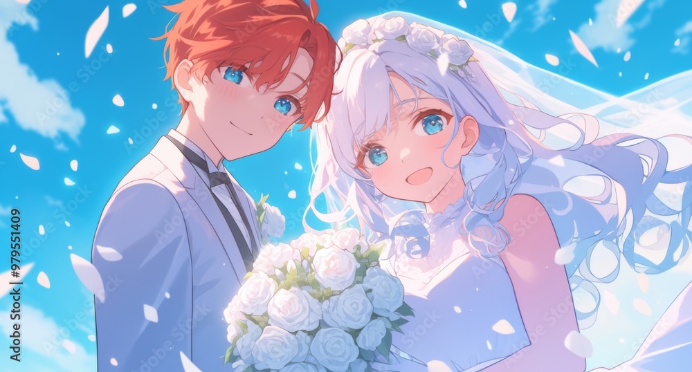 Beautiful Anime Couple in Wedding Attire: Bride with Long Hair and Veil Holding White Roses Bouquet, Groom in Suit Beautiful Anime Couple in Wedding Attire: Bride with Long Hair and Veil Holding White Roses Bouquet, Groom in Suit