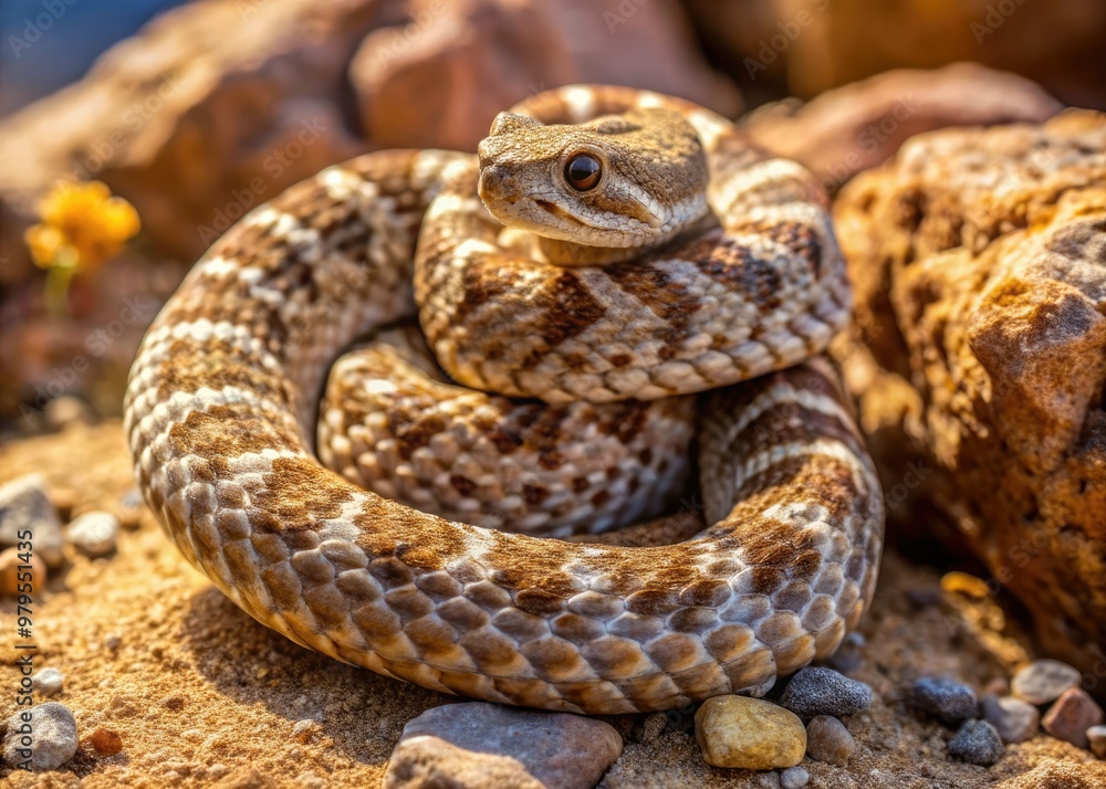 Obraz premium A small, venomous western pygmy rattlesnake coils on a rocky outcrop, its brown and tan scales blending into the arid desert landscape's rustic beauty.