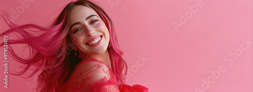 Young pretty woman smiling with pink waving hair on color background with copy space, bright hair dye, direct pigment banner template