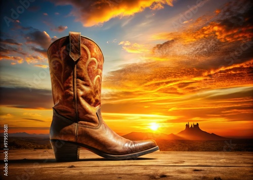 A solitary, stylized western boot silhouette stands against a warm, sunset-colored background, evoking a sense of rugged individualism and freedom in the American West. photo