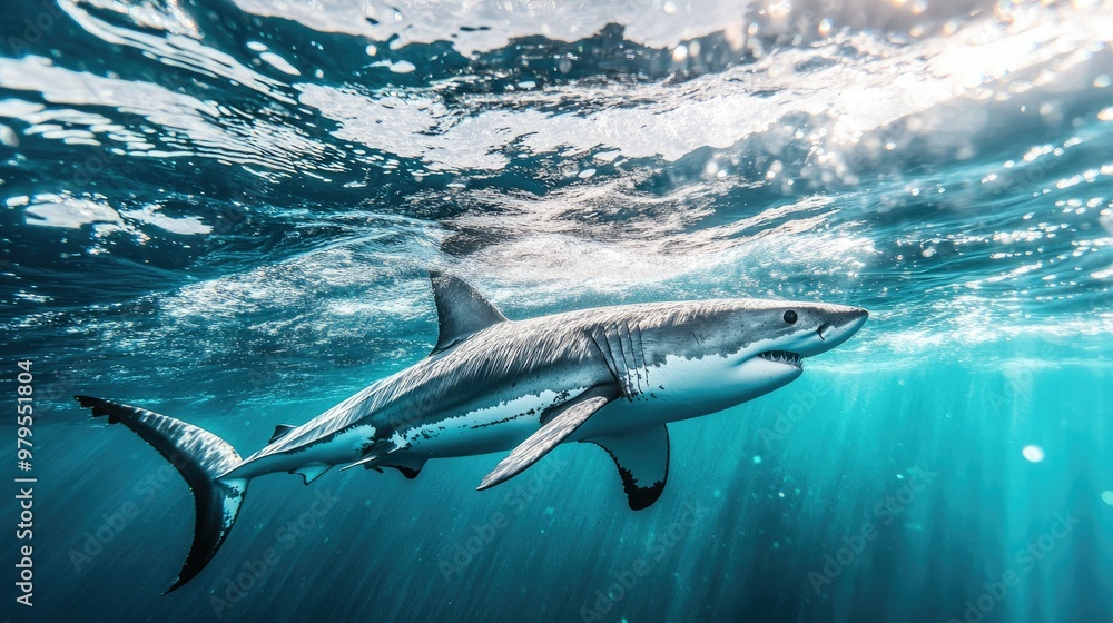 Fototapeta premium A great white shark swimming close to the ocean surface, its dorsal fin cutting through the water.