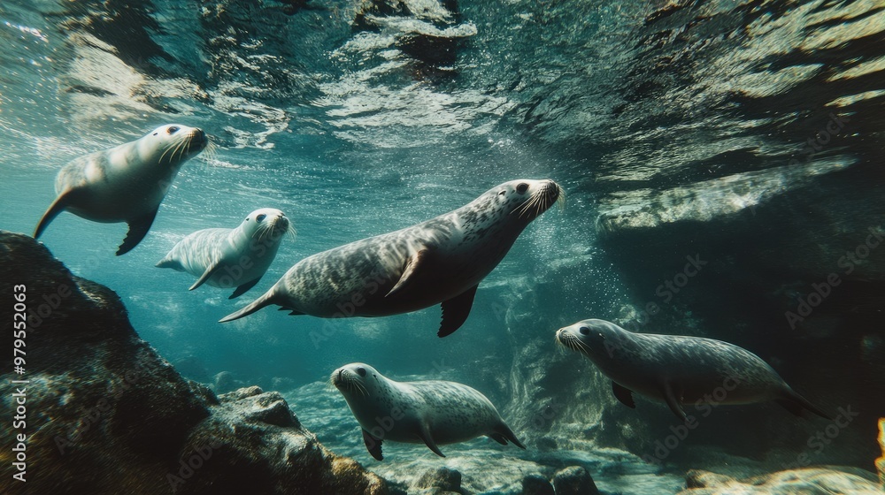 Fototapeta premium A group of playful seals swimming underwater near a rocky shoreline.