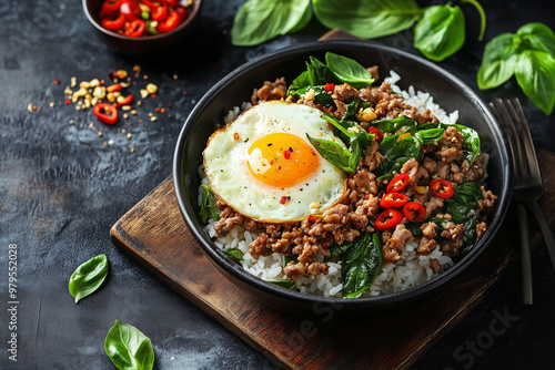 Rice with Stir-Fried Pork and Basil Leaves & Chili