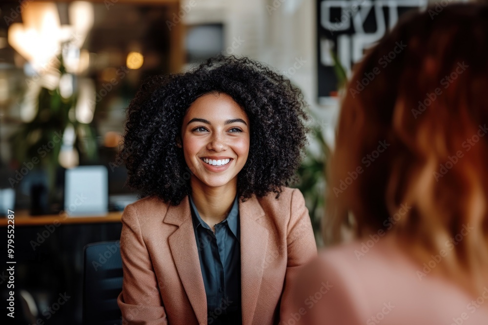Happy female business manager smiling during an interview woman happy hair. Happy female business manager smiling during an interview woman happy hair.