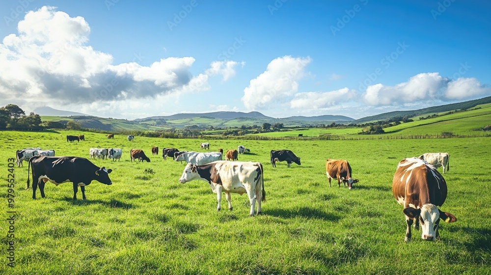 A herd of cows grazing in a green field, part of a sustainable dairy farm operation. A herd of cows grazing in a green field, part of a sustainable dairy farm operation.