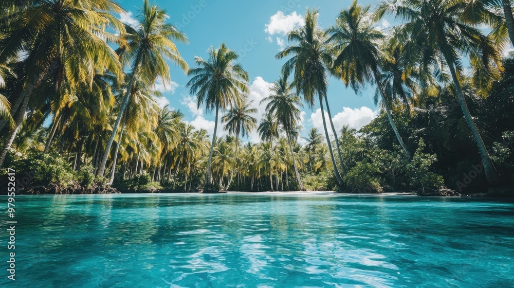A lagoon with brilliant blue waters and tall palm trees swaying in the breeze. A lagoon with brilliant blue waters and tall palm trees swaying in the breeze.