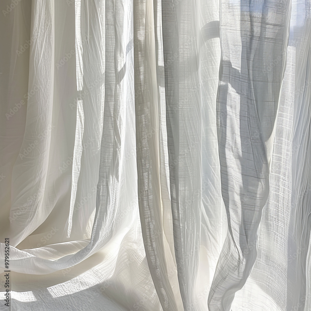 Soft white curtains gently drape in sunlight, creating serene and airy atmosphere. delicate texture and light filtering through evoke sense of calm and tranquility Soft white curtains gently drape in sunlight, creating serene and airy atmosphere. delicate texture and light filtering through evoke sense of calm and tranquility