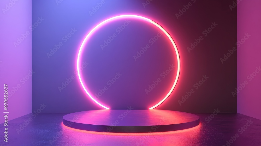 Minimalist circular podium illuminated by soft neon light, surrounded by subtle, modern design elements. Minimalist circular podium illuminated by soft neon light, surrounded by subtle, modern design elements.