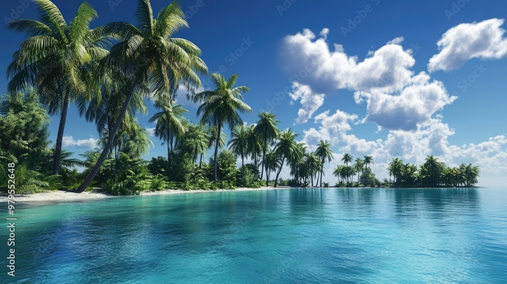 A lagoon with brilliant blue waters and tall palm trees swaying in the breeze. A lagoon with brilliant blue waters and tall palm trees swaying in the breeze.