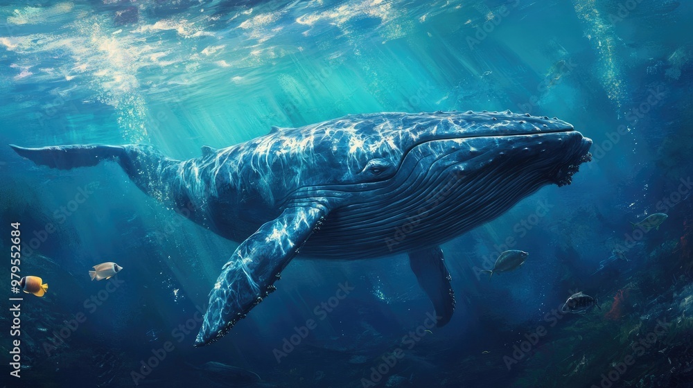 Fototapeta premium A large blue whale swimming slowly through deep waters, surrounded by smaller fish.