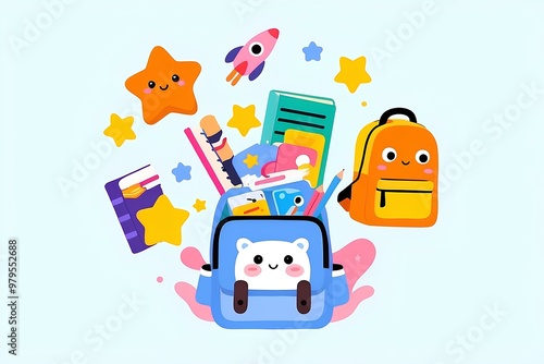 Wallpaper Mural back to school supplies with cute faces, bright stationery items, fun educational tools, playful cartoon school essentials Torontodigital.ca