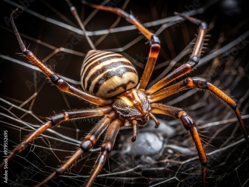 A venomous western brown widow spider, distinctive black and brown stripes, waits in its messy web, poised to strike, surrounded by eerie shadows and darkness. photo