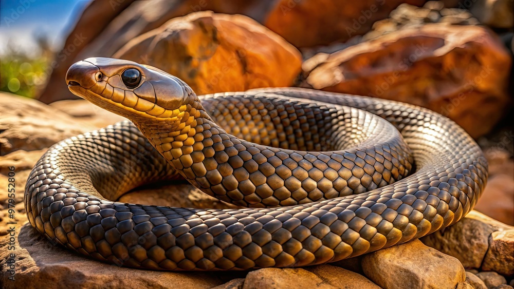 Fototapeta premium A venomous western inland taipan snake, also known as fierce snake, coiled on a rocky outback terrain, showcasing its dark brown scales and ominous stare.