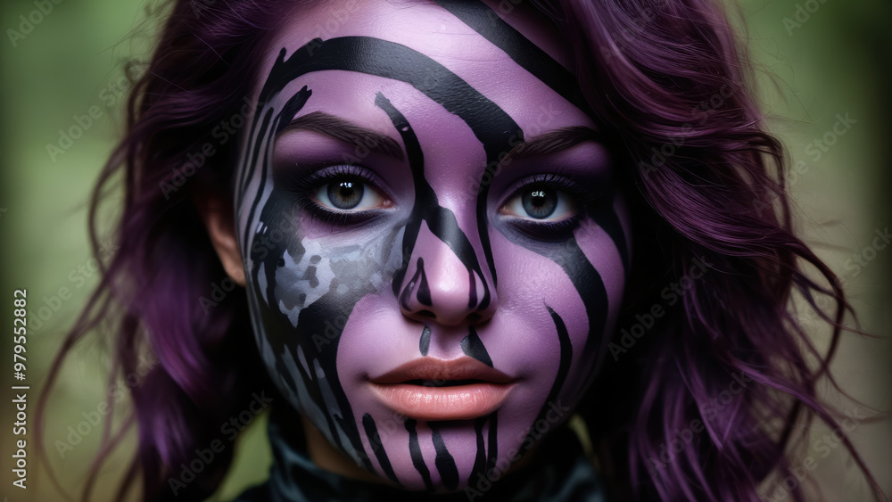A woman with purple hair and camouflage makeup on her face A woman with purple hair and camouflage makeup on her face