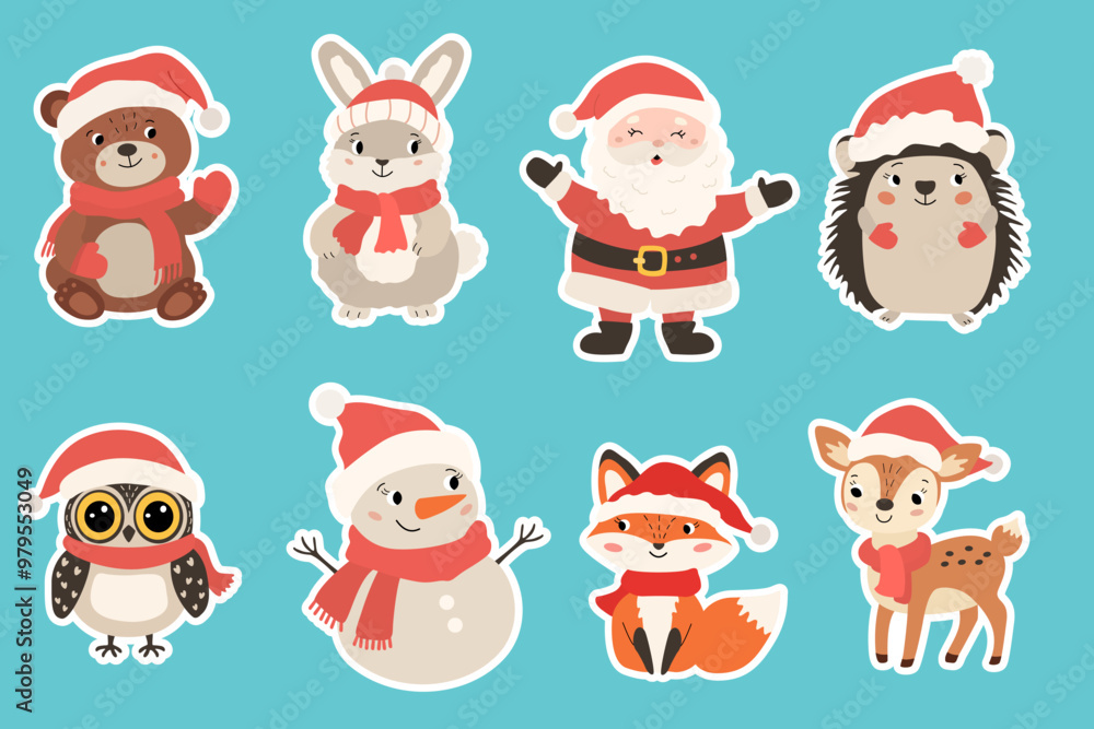 Christmas winter stickers set with cute baby forest animals with Santa Clause and snowman. Vector flat illustration. Christmas winter stickers set with cute baby forest animals with Santa Clause and snowman. Vector flat illustration.
