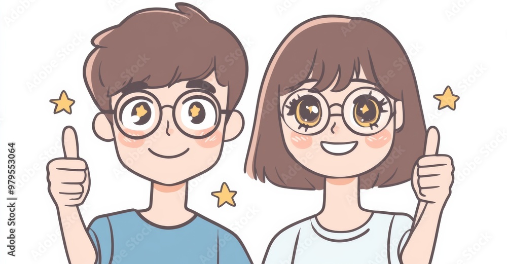 Cute Japanese Animation Style Couple Smiling and Giving Thumbs-Up Gesture, Woman with Short Brown Hair and Glasses, Star-Shaped Pupils, Flat Colors Cute Japanese Animation Style Couple Smiling and Giving Thumbs-Up Gesture, Woman with Short Brown Hair and Glasses, Star-Shaped Pupils, Flat Colors