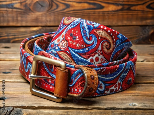 A vibrant red and blue paisley patterned bandana with a classic Western-inspired design, tied loosely around a worn leather belt on a rustic wooden table. photo