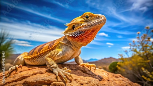 A vibrant, spiky-scaled western bearded dragon perches on a rocky outcropping, its bright orange and tan coloration glistening in the warm, sun-drenched desert landscape. photo