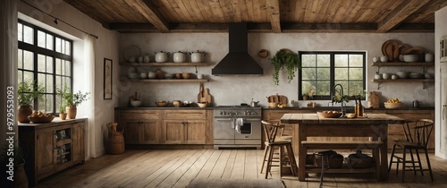 rustic farmhouse kitchen aesthetic background