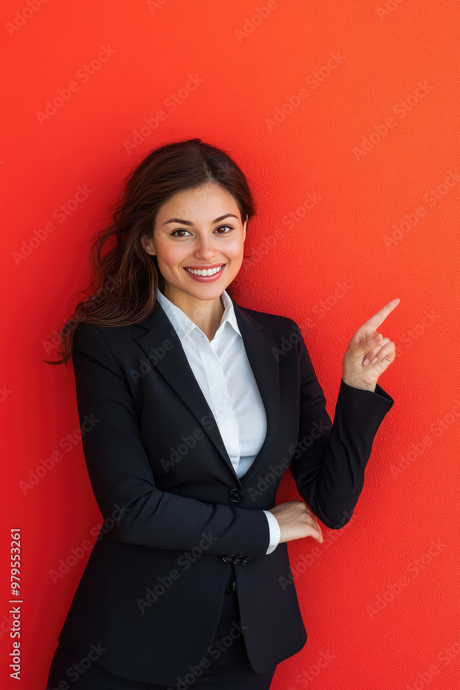 Young smile businesswoman in suit pointing to empty copy space on color background, banner template Young smile businesswoman in suit pointing to empty copy space on color background, banner template