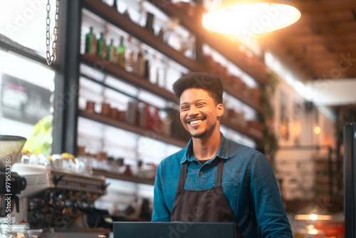 Friendly barista in a brown apron behind the café counter with a big smile. Cheerful coffee shop worker ready to serve customers with a warm and inviting demeanor.