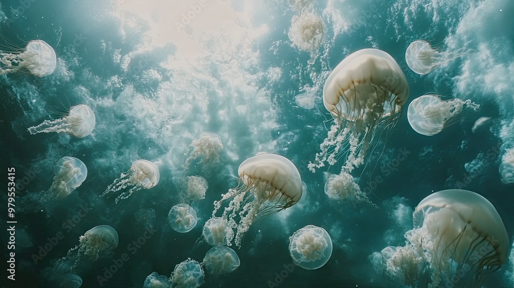 A mesmerizing underwater shot of a school of jellyfish pulsating and drifting through the ocean, creating a hypnotic scene A mesmerizing underwater shot of a school of jellyfish pulsating and drifting through the ocean, creating a hypnotic scene