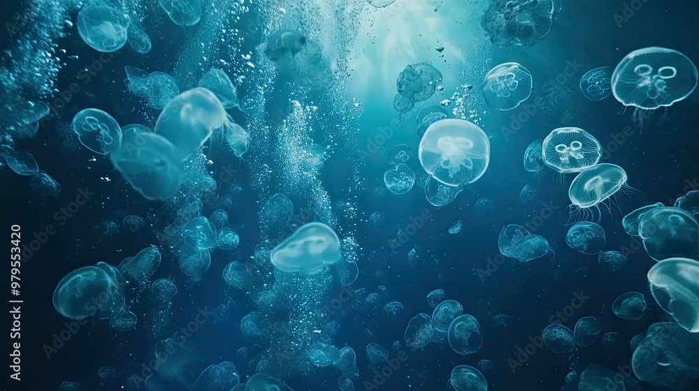 A mesmerizing underwater shot of a school of jellyfish pulsating and drifting through the ocean, creating a hypnotic scene A mesmerizing underwater shot of a school of jellyfish pulsating and drifting through the ocean, creating a hypnotic scene
