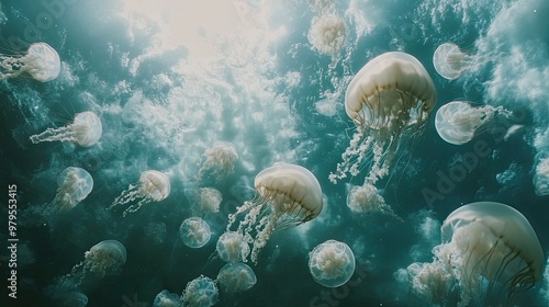 A mesmerizing underwater shot of a school of jellyfish pulsating and drifting through the ocean, creating a hypnotic scene