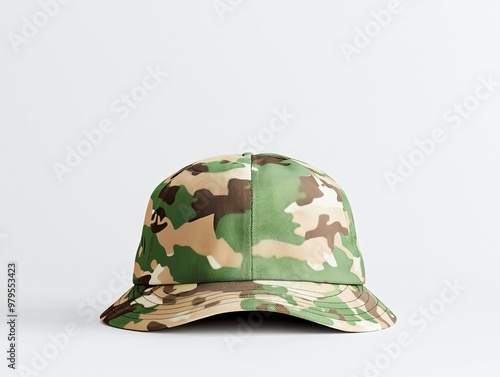 Bucket hat with camouflage pattern mockup, realistic fabric, side and front view, ideal for military and outdoor brands photo